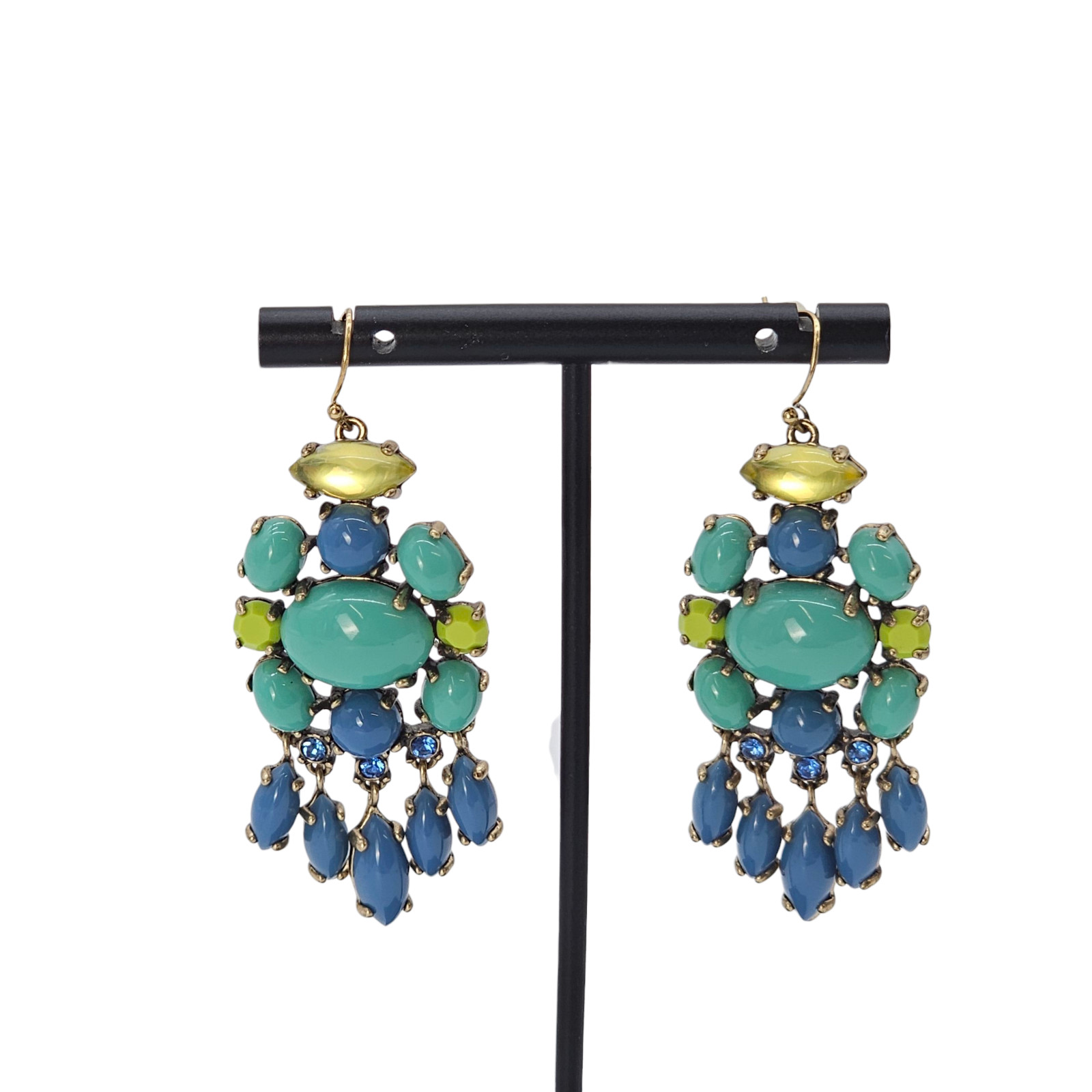 Stella & Dot Chandelier Dangle Earrings Lime Sea Green Turquoise Blue Signed