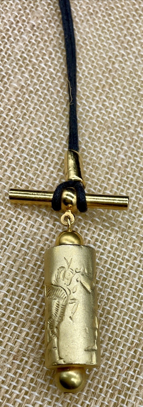 Cylinder Seal Pendant Gold Tone Unusual Design Winged Zebra & Person ?