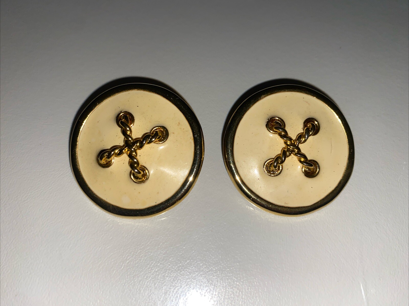 Vintage Clip On Off-White Button Enamel Earrings With Gold Trim Nautical Costume