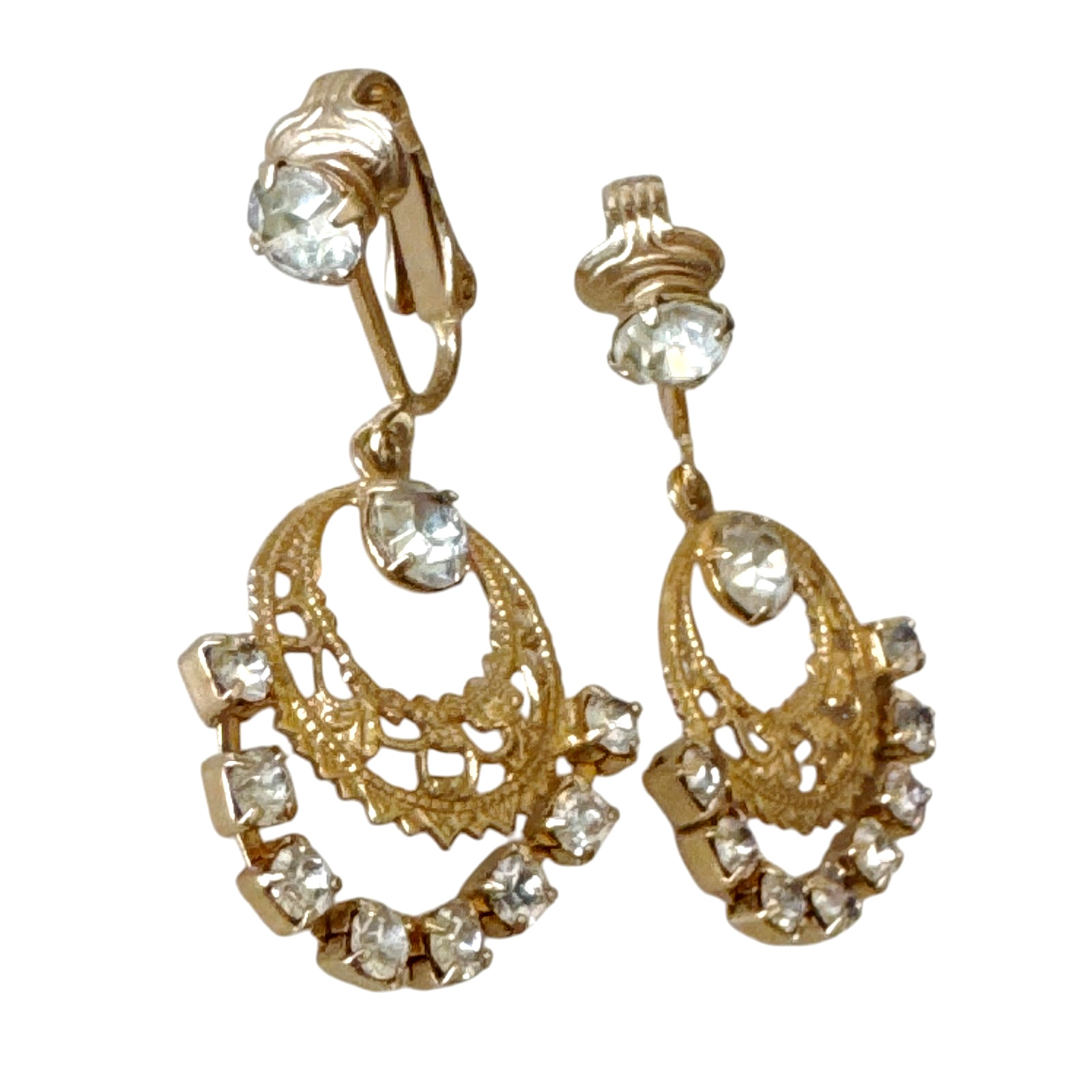 Vtg Sarah Coventry Drop / Dangle Prong Set Rhinestone Clip on Earrings Gold Tone