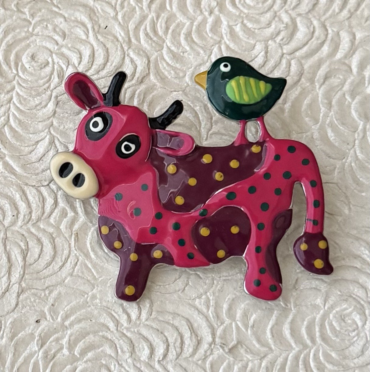 Enamel Cow / bird Brooch Pin / Enamel On Silver Tone Metal