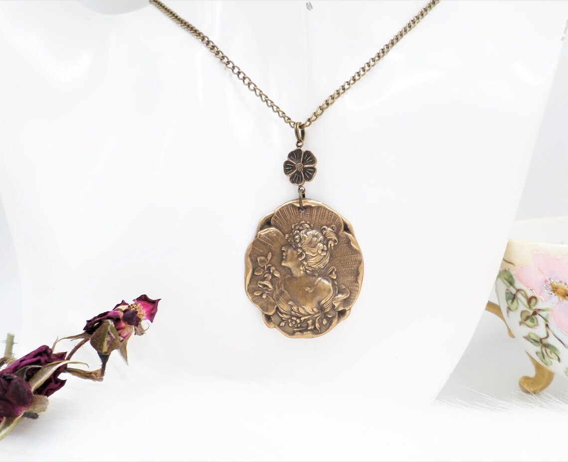 Brass Cameo Maiden Necklace, Art Nouveau Romantic Handmade Victorian Jewelry