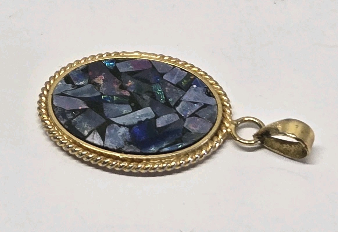 Vintage Reversible Pendant Mosaic Opal & Onyx Inlay Gold Plated