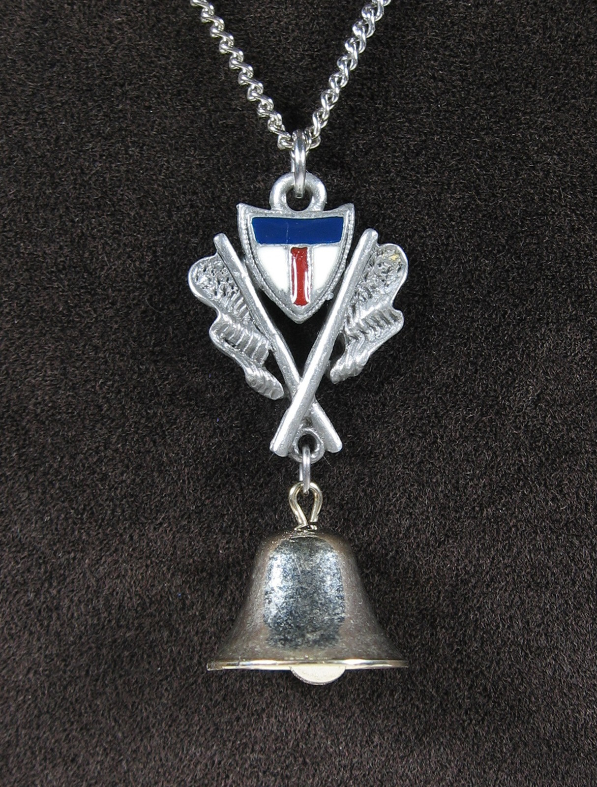 Red White Blue Enamel SHIELD Pewter Pendant Vintage Necklace Silvertone BELL ART