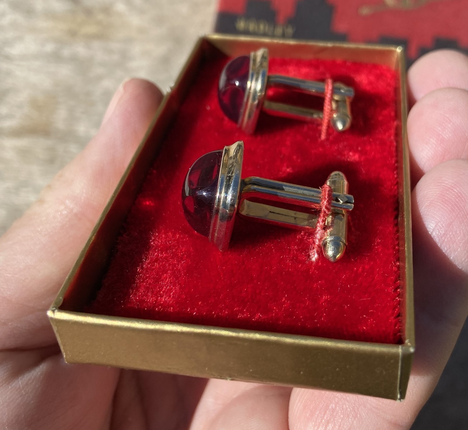 Vintage HADLEY Simulated Red Gemstone Cufflinks Original Box & Jeweler’s Label