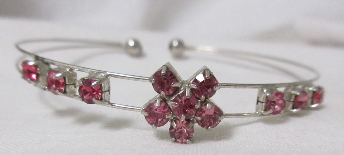 Vintage Silver Tone Pink Rhinestone Flower Cuff Bracelet 6 1/2 Inches