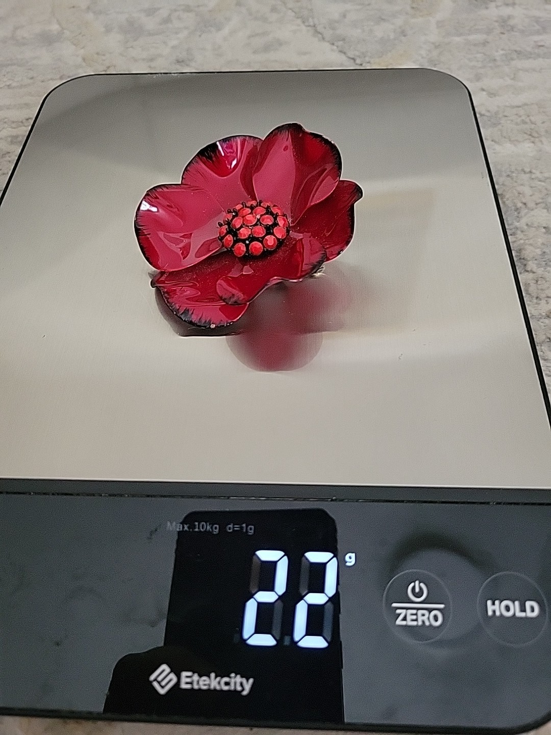 VNTG Large Bright Red Poppy Flower Brooch Black Border & Red Beads Center 2.5