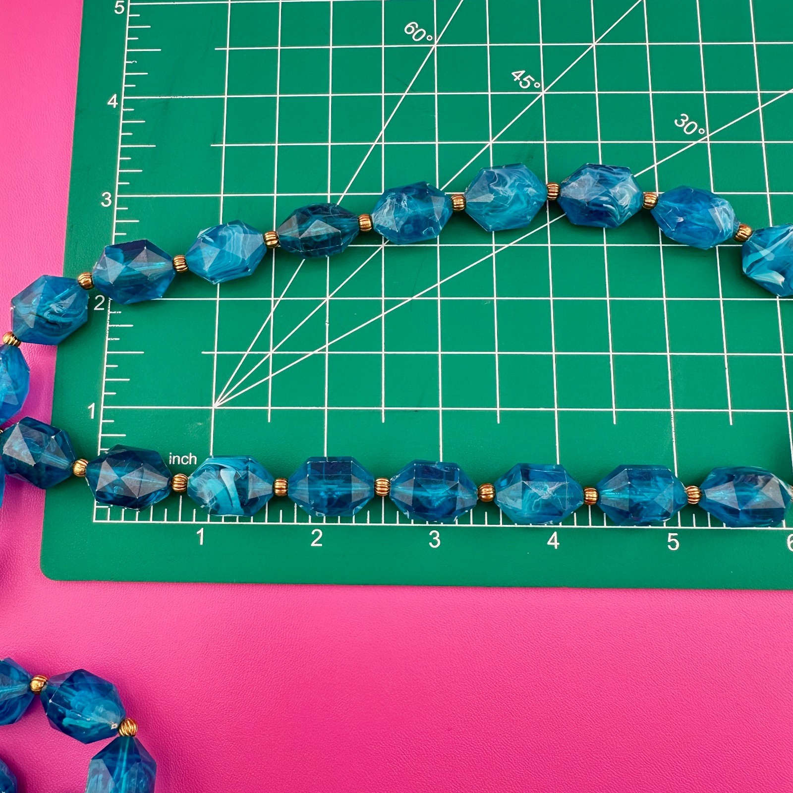 Vintage Necklace Aqua Blue Marbled Acrylic 2 Strand Filigree Clasp Faceted Bead