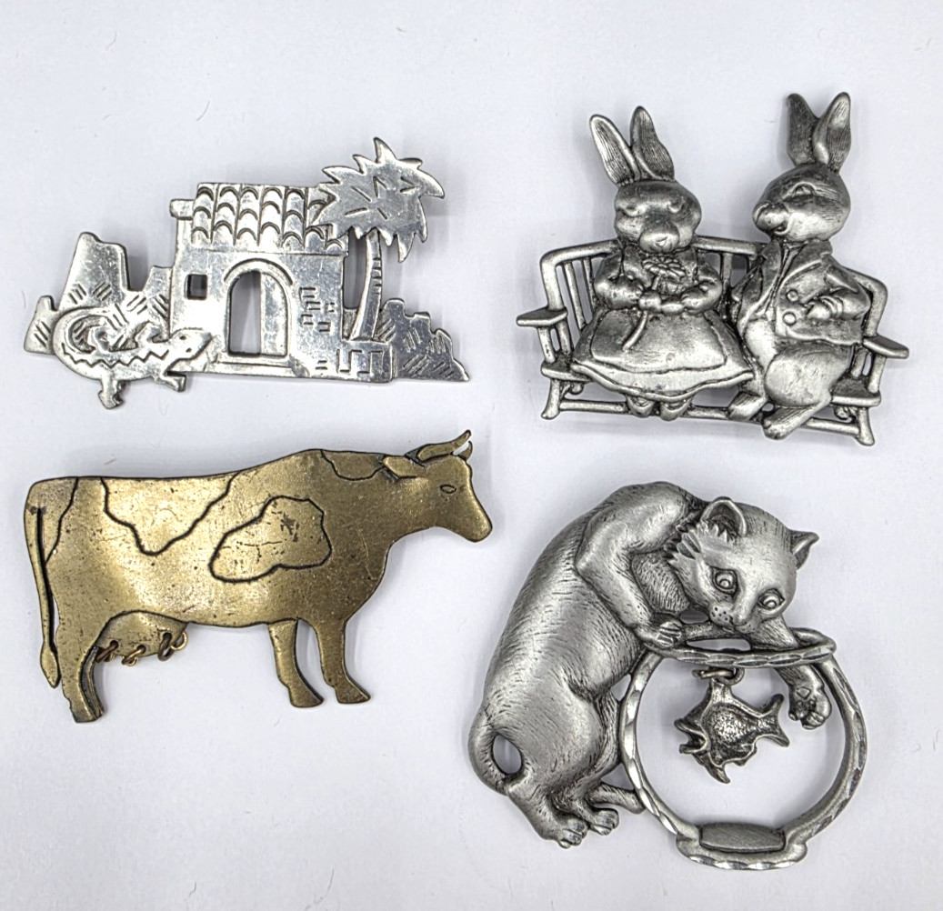 Set of 4 JJ Jonette Brooches Cat Catching Fish, Cow, Bunnies, Casa House – READ