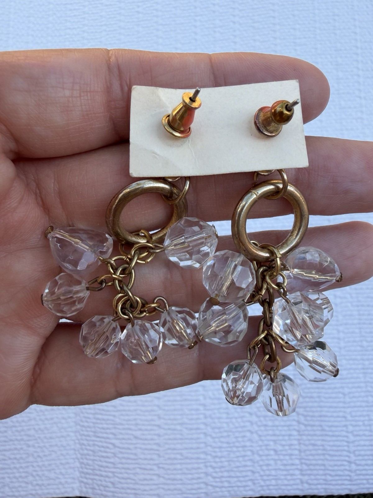Vintage Gold Tone Bead Cluster Dangle Earrings Clear Faceted Statement Earrings