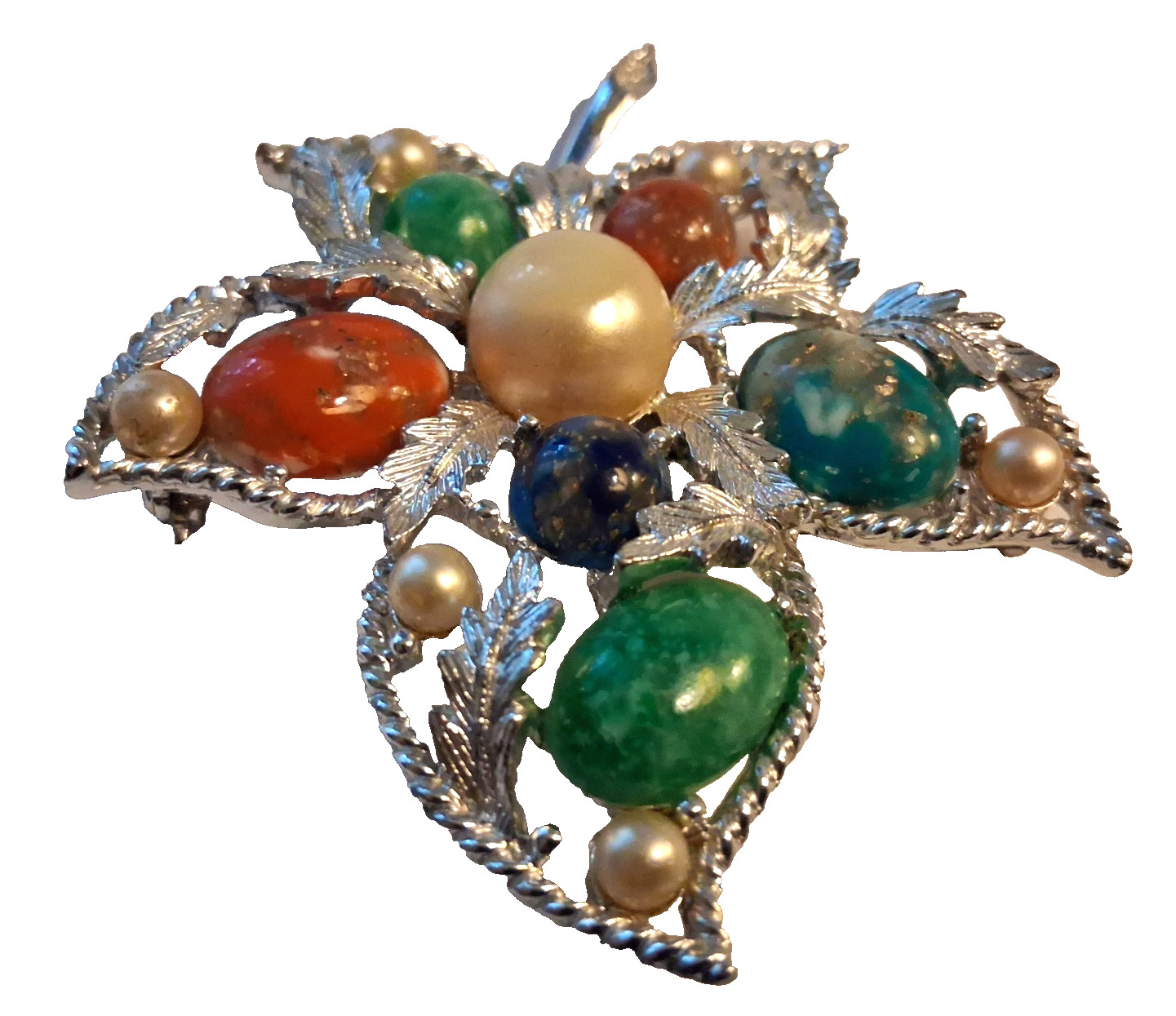 Vtg 1968 UV Glow SARAH COVENTRY Fantasy Brooch Silver Leaf Multicolor 3″ x 2.25″