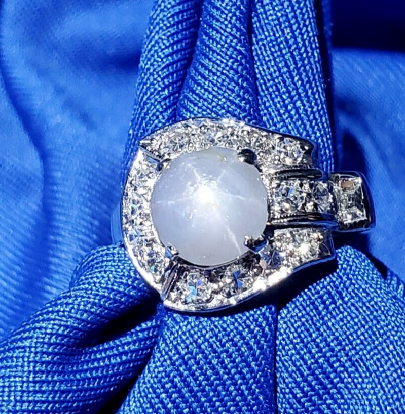 EARTH MINED STAR SAPPHIRE DIAMOND ART Deco Engagement Ring SOLID 14K WHITE GOLD