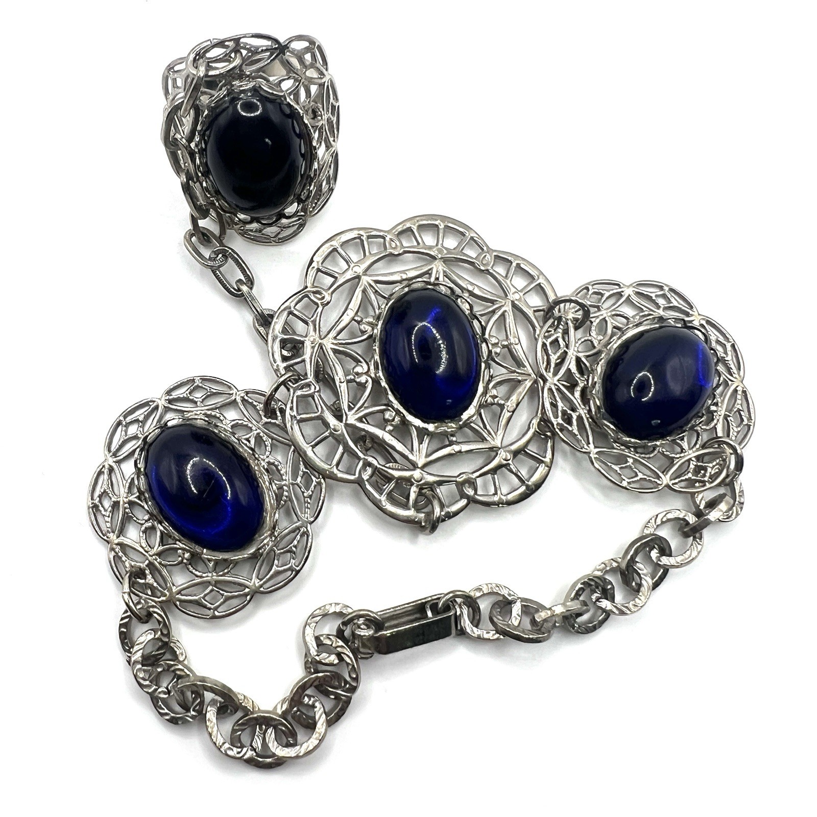 Adjustable Silver-Tone Filigree Blue Slave Ring Bracelet Gothic Boho