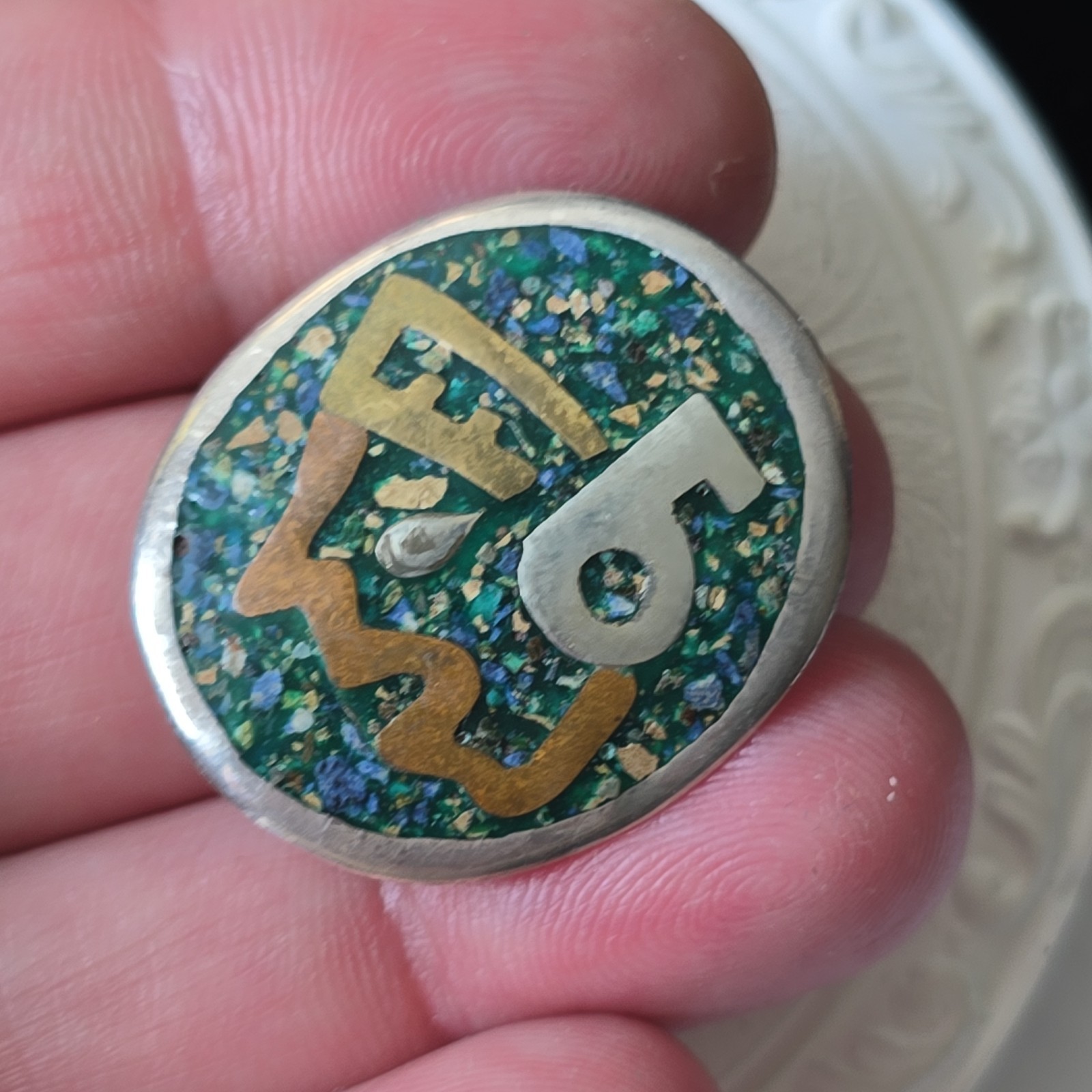 Vintage Sterling Silver Mexico Crushed Stones Inlay Pin Brooch Pendant