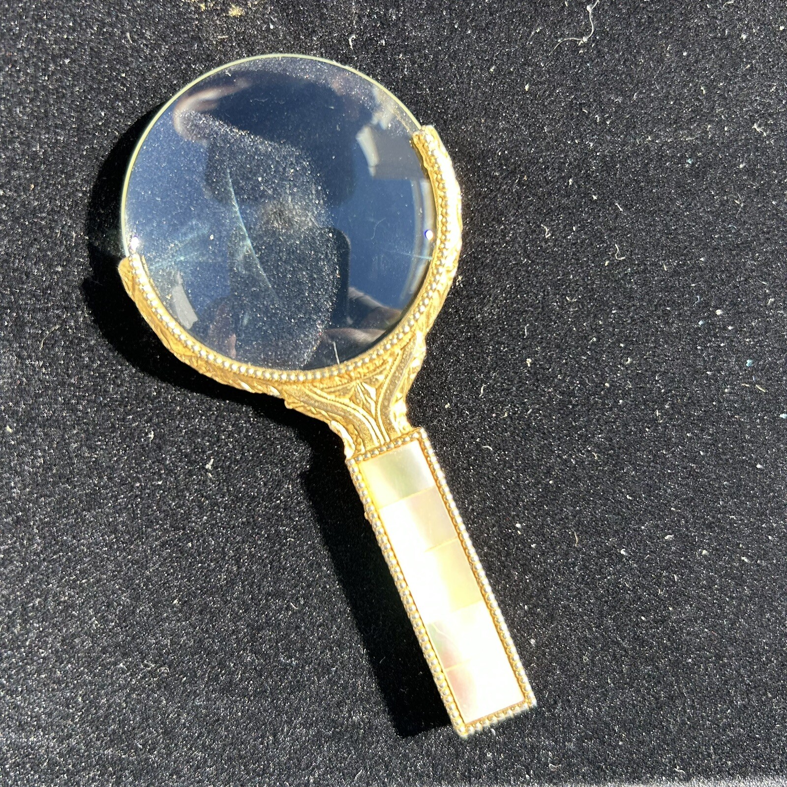 Art Deco Ornate Gold Mother of Pearl Magnifying Glass Circa 1920’s Measures 4″ L