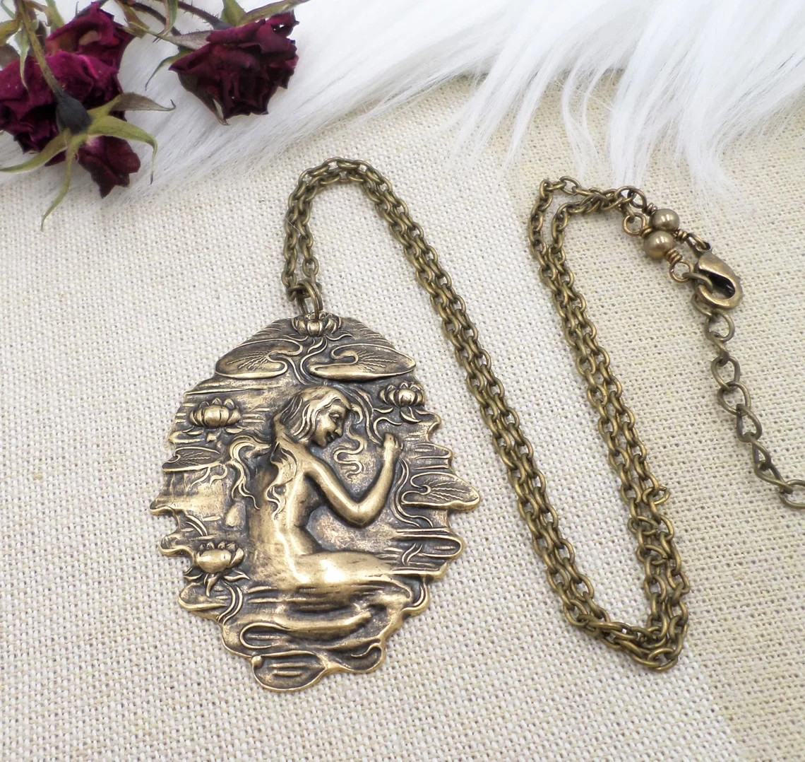 Art Nouveau Water Nymph Necklace: Vintage Style Brass Goddess Pendant with Lotus
