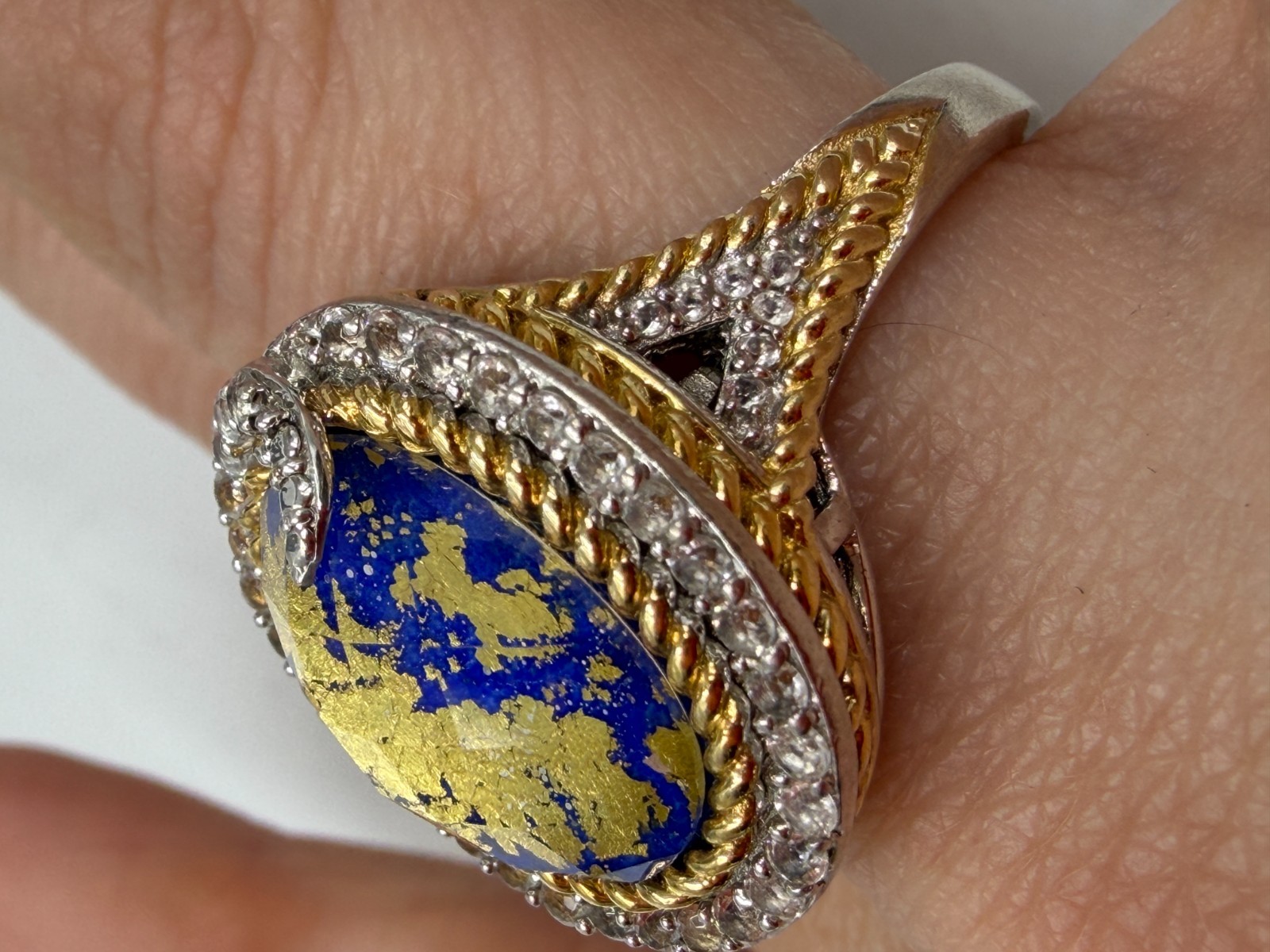 Vintage Sterling Silver Ring Gold Flake Cobalt Blue Crystal Mixed Cocktail 9 PX