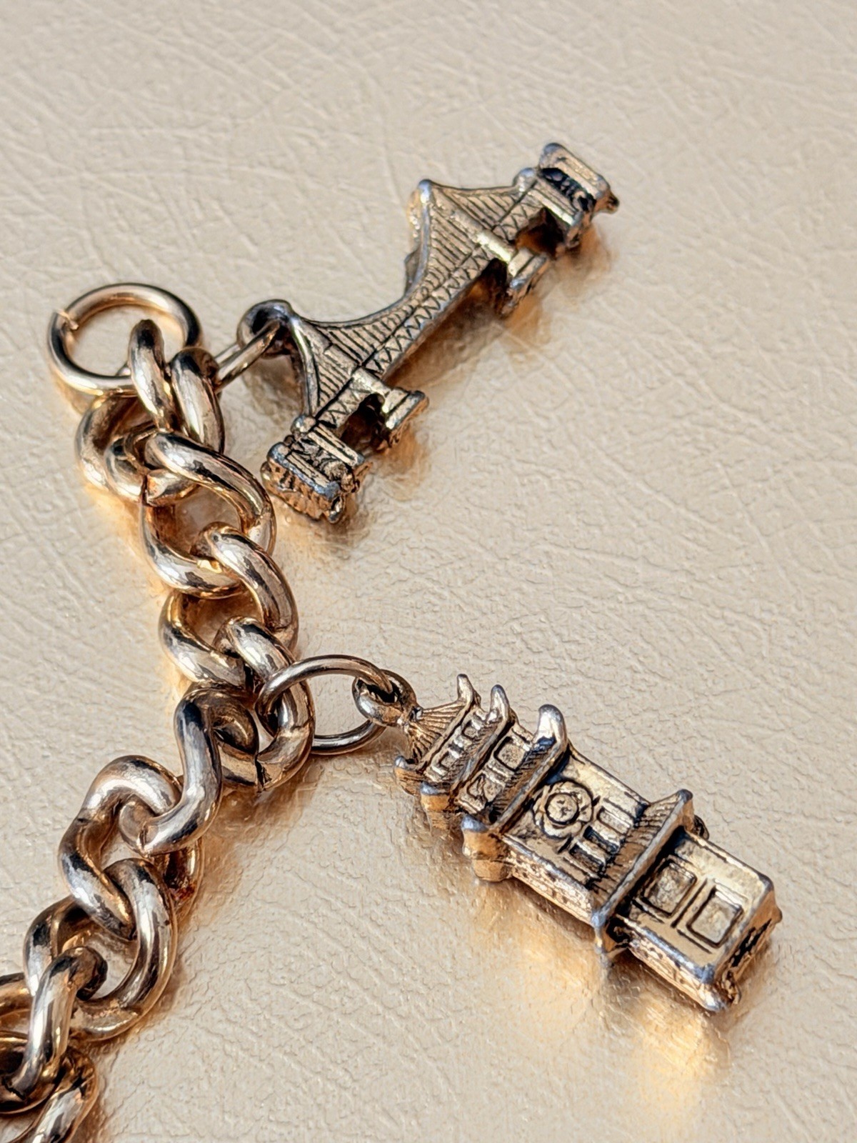 Fun Vintage Gold Tone World Travel Charm Cable Bracelet 7″