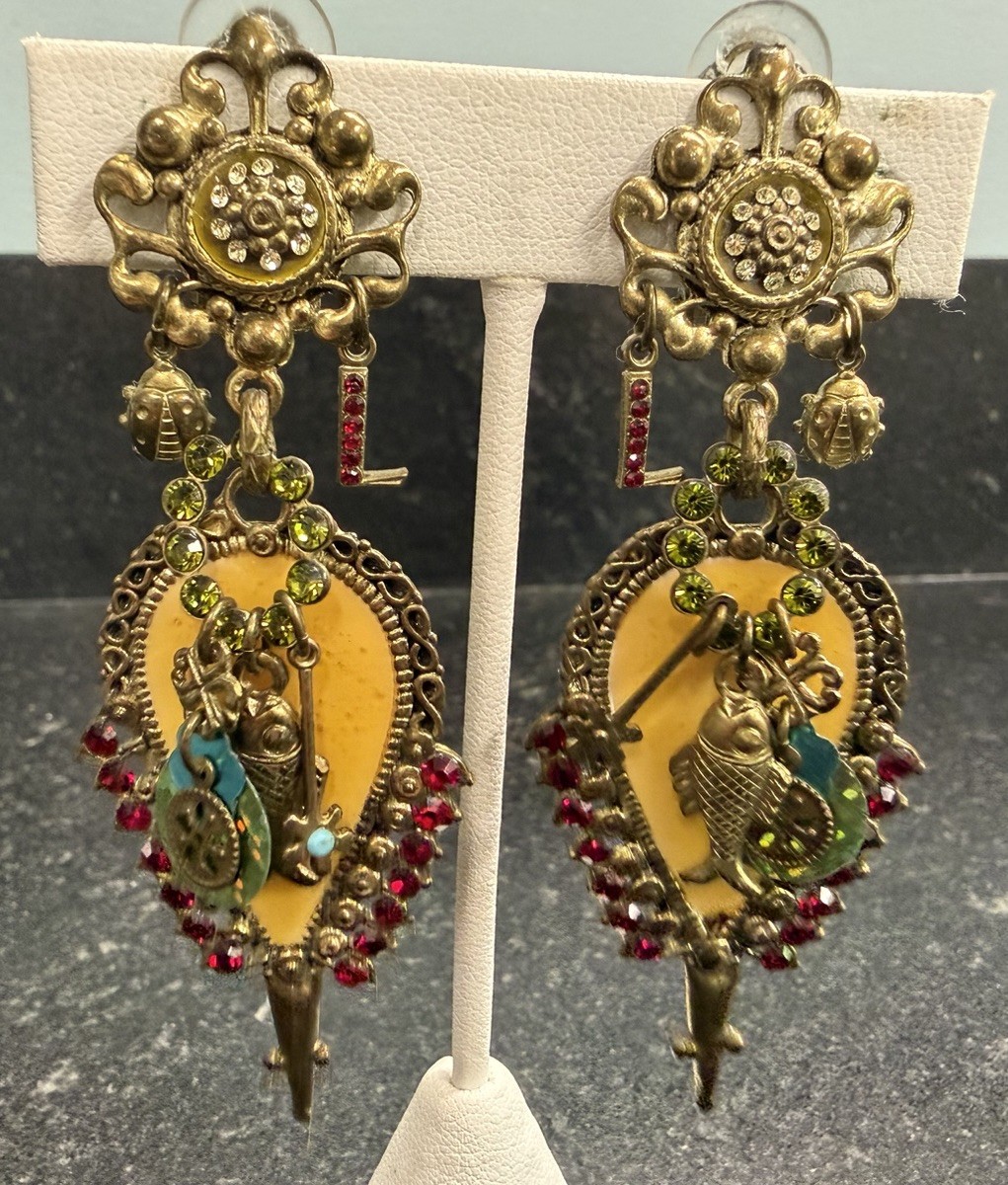 Les Gens du Sud Vintage French Statement Clip On Earrings Fish Ladybug Clover 3″
