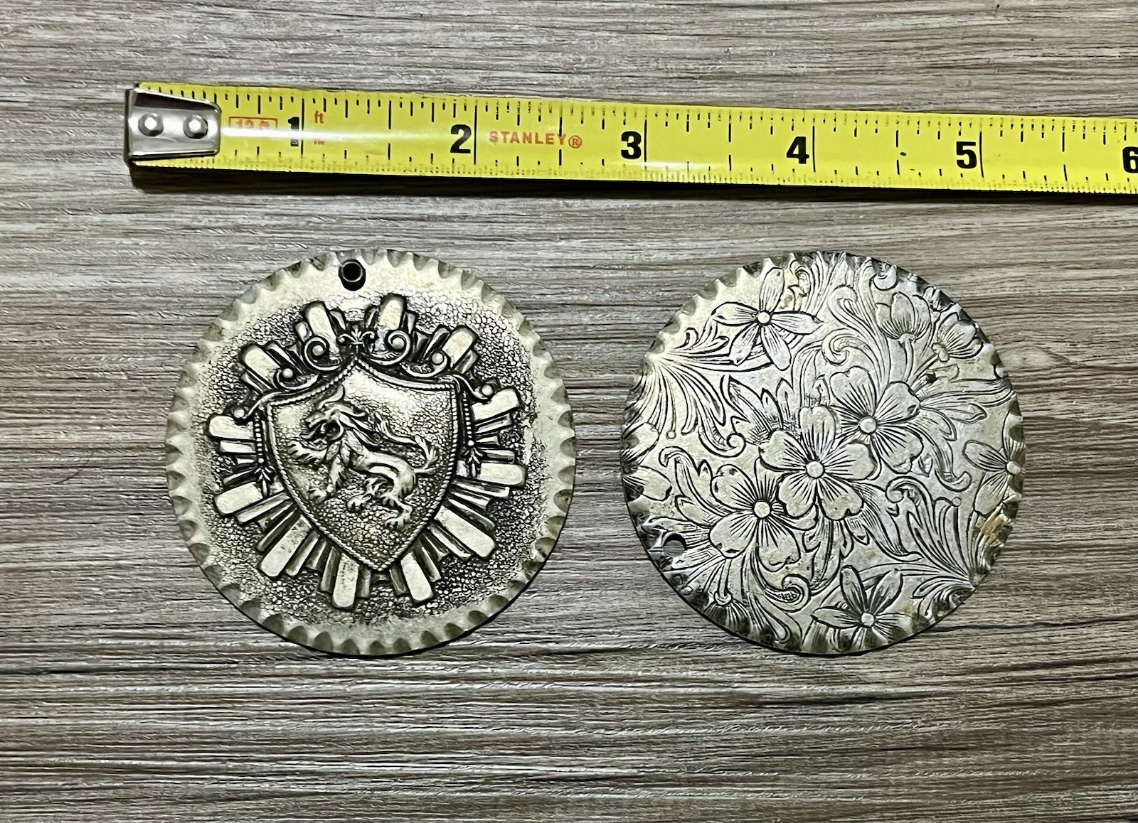 Vintage Aluminum Pendant Necklace Pair Rampant Lion Hammered Jewelry