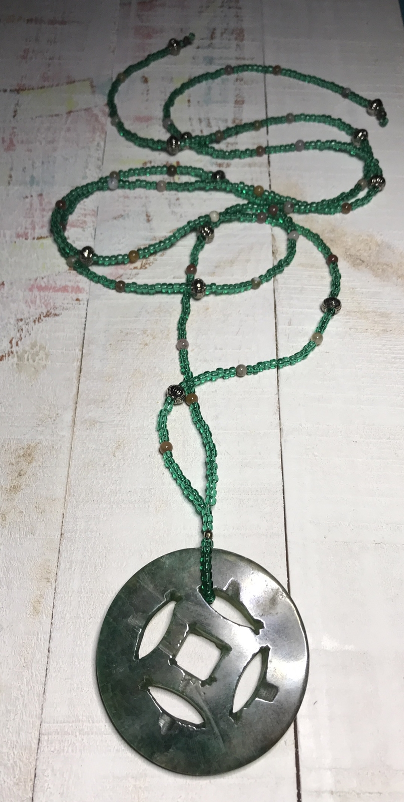 VTG Jade Pendant Natural Gem Hand Carved Necklace 2.25” Disk Green Seed Bead