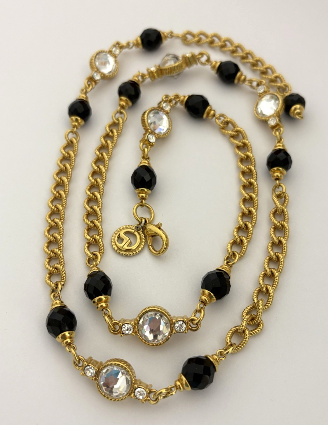 Vintage St. John Necklace Thick Textured Gold Tone Chain Black Clear Glass Beads