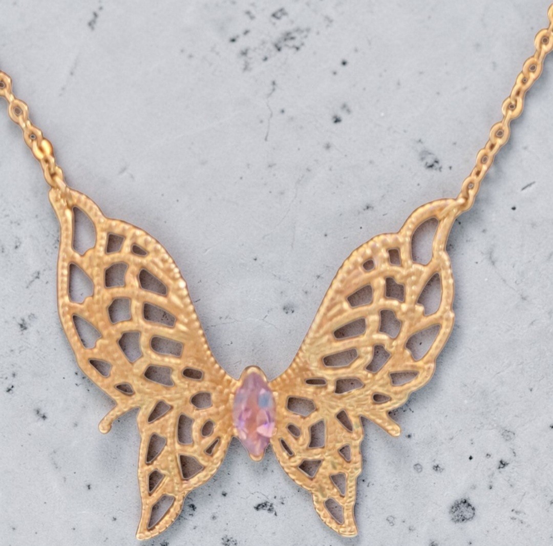 14KGE Lindenwold Gold Electroplated Marquise Purple Amethyst Butterfly Necklace