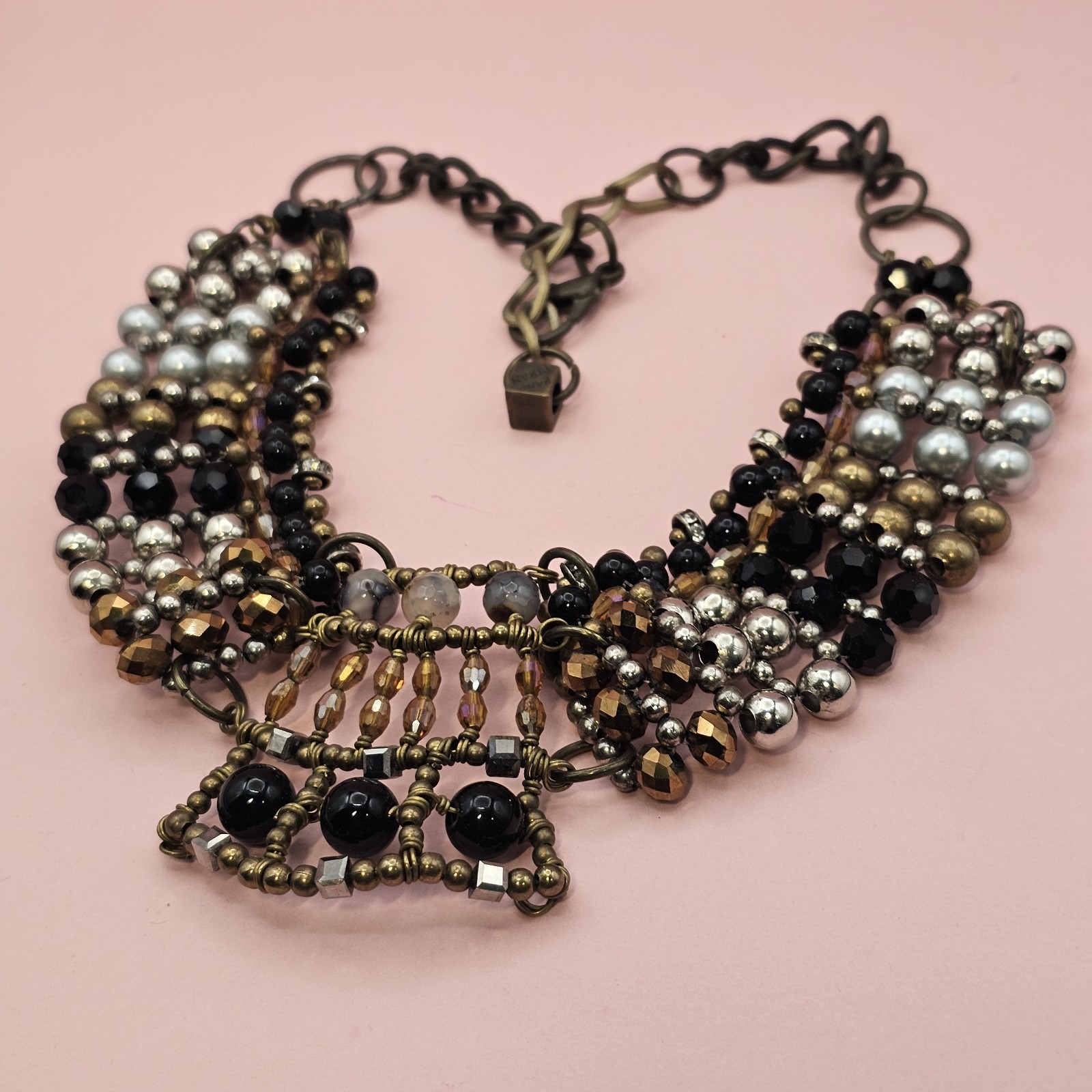 PAM HIRAN Statement Bib Necklace Mixed Bead Collar Brass Tone Chunky Boho Glam