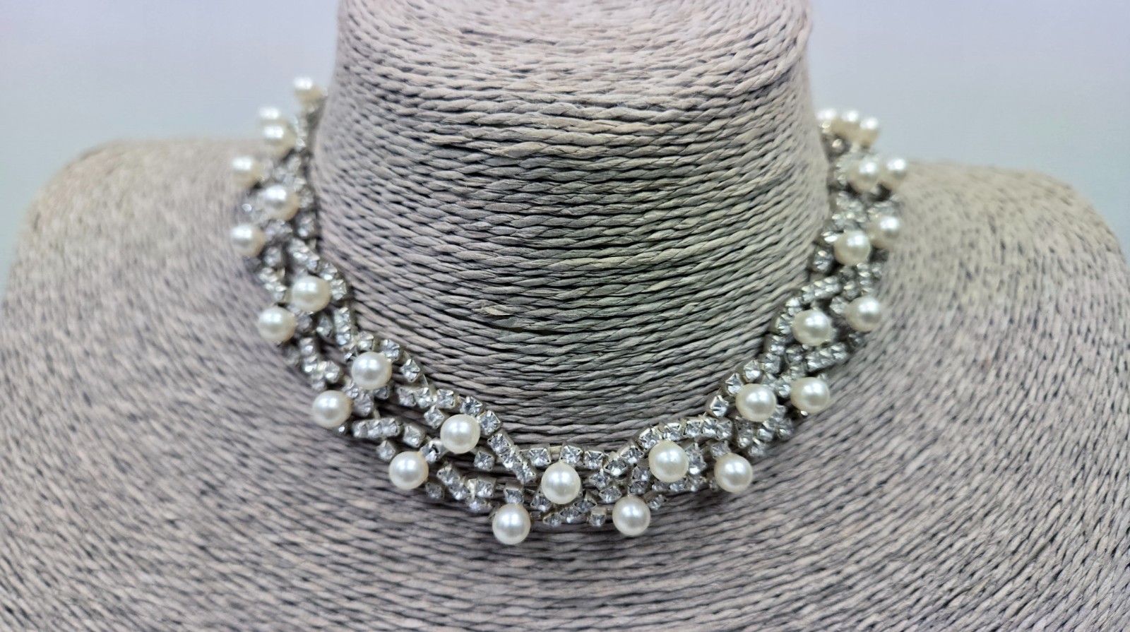 Vintage Faux Pearl & Rhinestone Choker Necklace Adjustable Hook Clasp