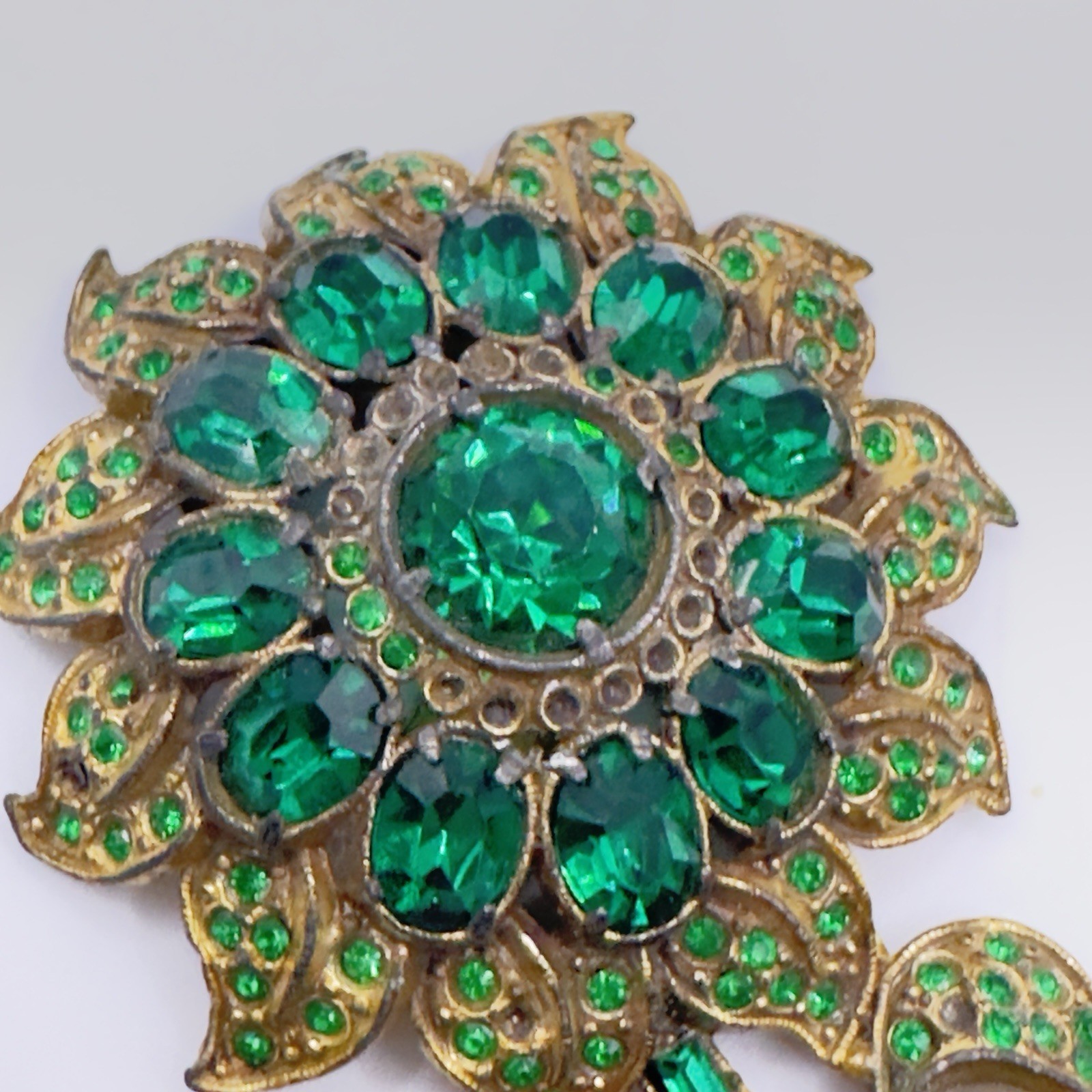 Vintage Pot Metal Dress Clip Flower Gold Tone Green Rhinestones 3″
