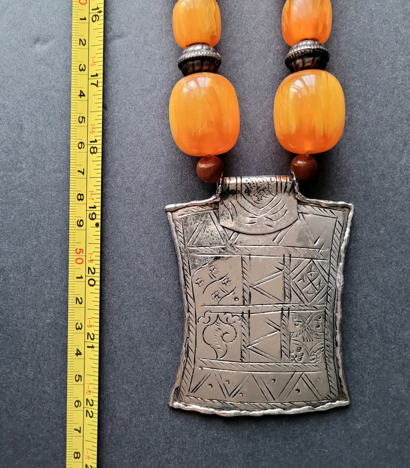 Vtg Pressed Amber Resin ? Prayer Beads Necklace Silverplate Pendant Moroccan