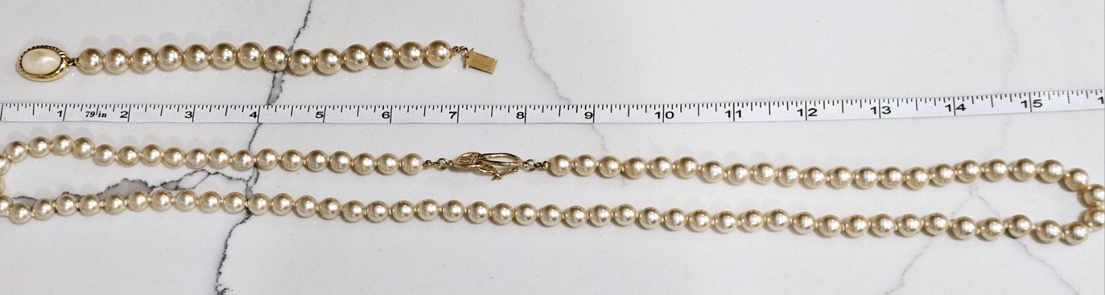 Kenneth J Lane Vintage Signed Faux Pearl Gold Filled Necklace with Bracelet Set