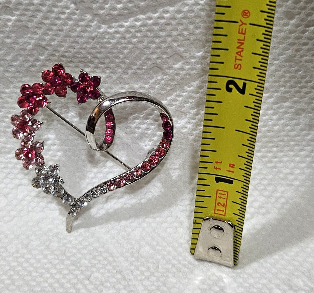Heart Pin with Red and Pink Flower Stones Vintage