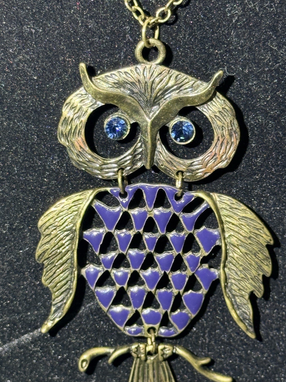 Vtg 1970″s Articulated Owl Pendant 3.75″ Silver Tone Blue Stone Eyes 30″ Chain