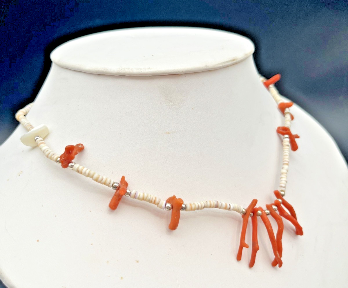 Vintage Genuine Branch Coral and Shell Bead Fetish Style Station Choker Necklace