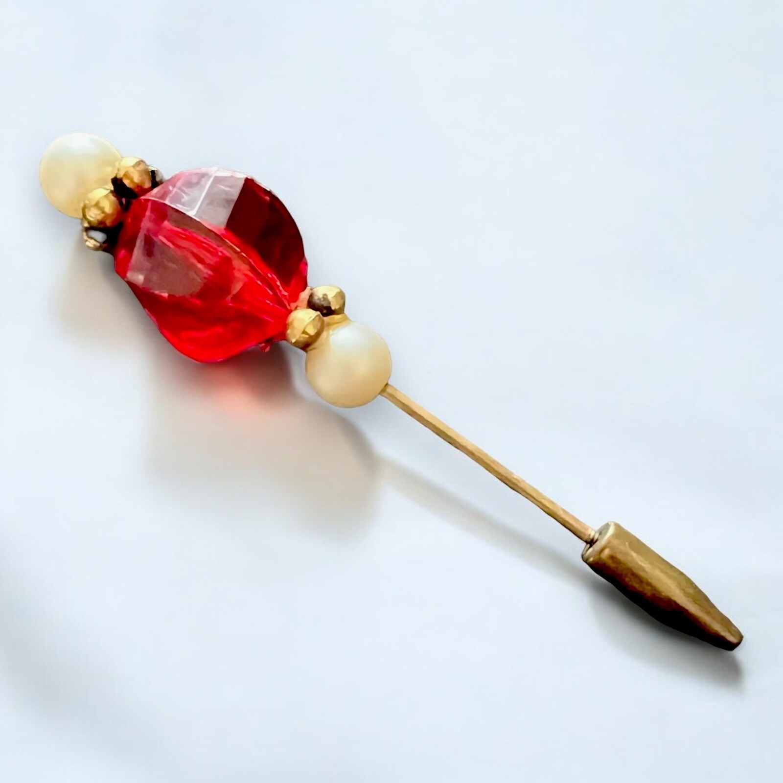 Red Lucite Hat Pin Gold Tone Pearl Art Deco Hat Accessory Vintage Screw Base