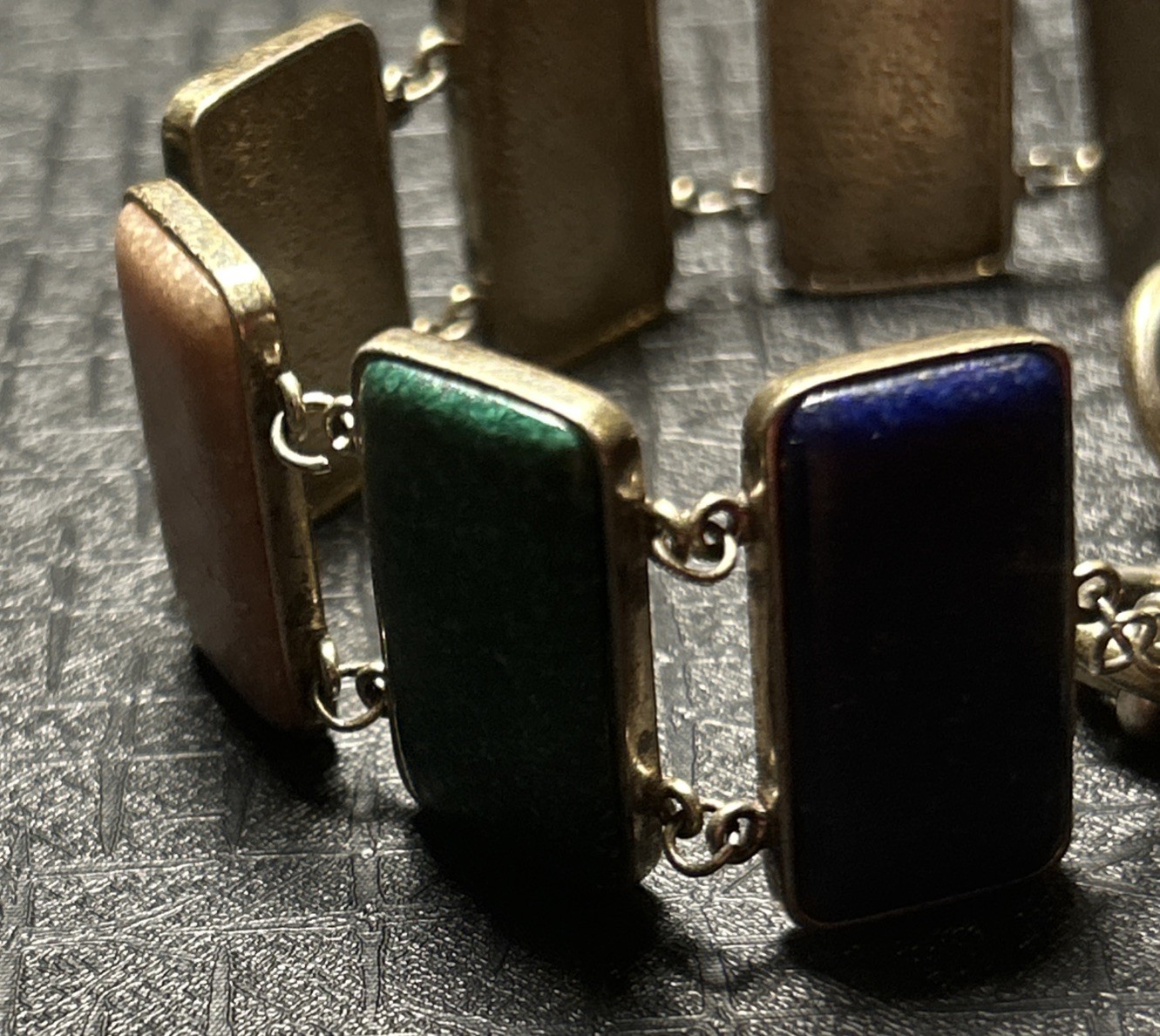 VTG Sterling Silver Multi Natural Crushed Gemstone Panel Bracelet Rectangle 925