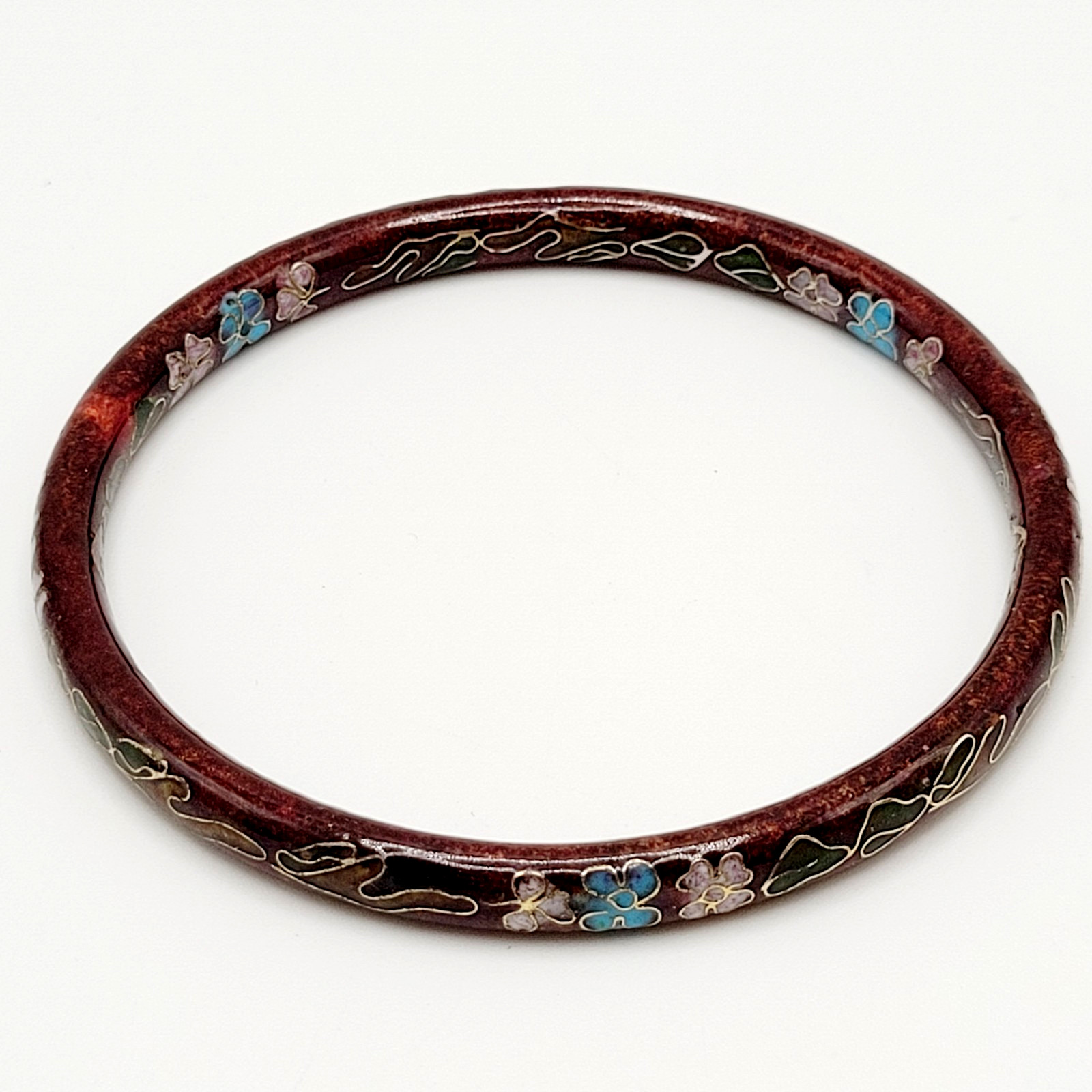 Cloisonné Deep Red Enamel Floral Hand Painted Asian Inspired Bangle Bracelet