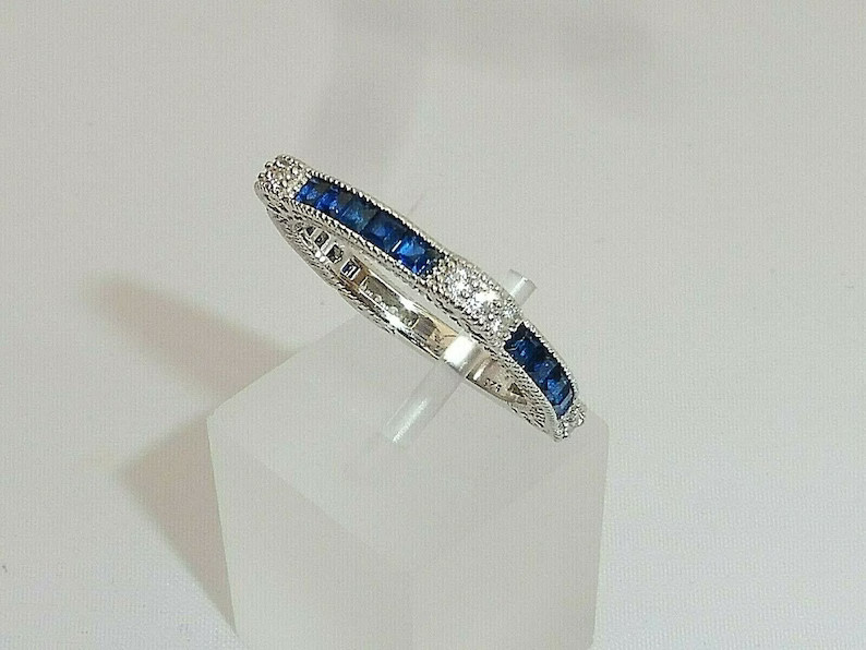 3/4 CTW Blue Princess Cut CZ Art Deco Wedding Antique Eternity Silver Band Ring