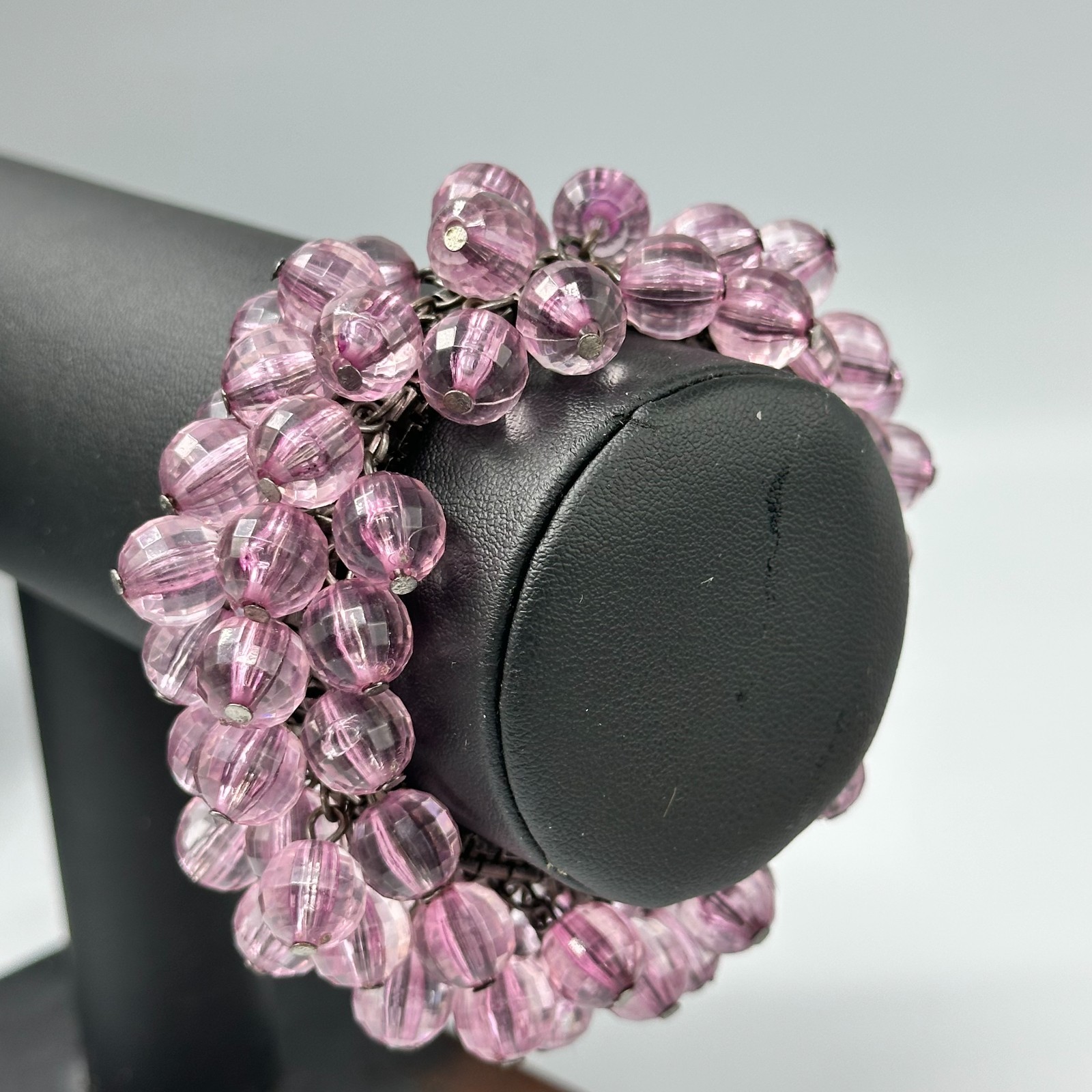 Vintage Cha Cha Expansion Bracelet Purple Faceted Round Beads Silver Tone