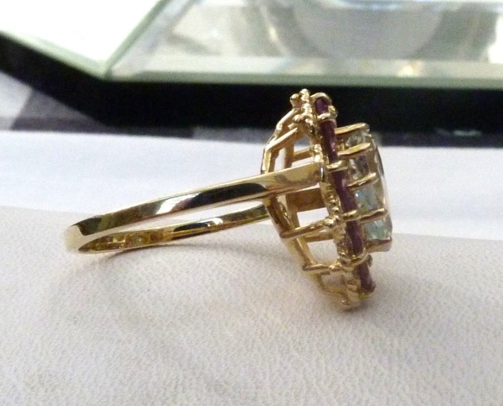DESIGNER MEI 10K YELLOW GOLD 4.3CTTW PEAR AQUAMARINE RHODOLITE GARNET RING 7.5