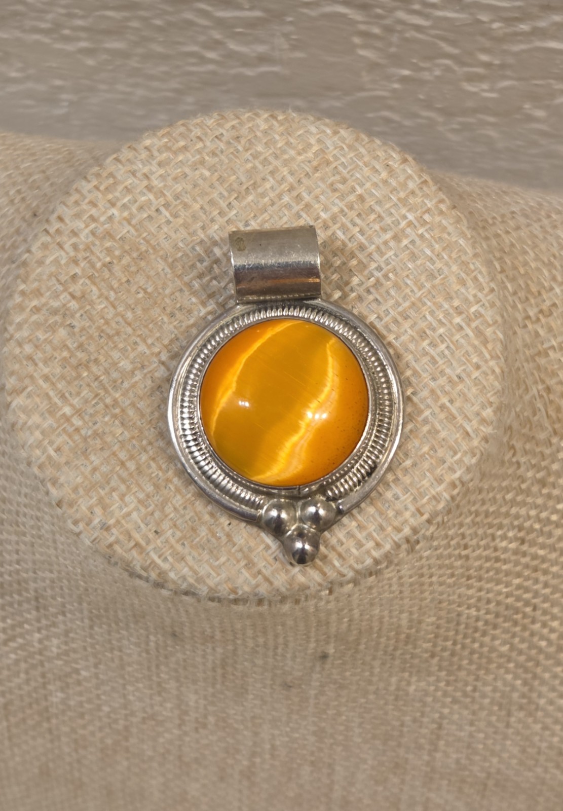 Vintage Domed Sterling Silver & Orange Cat’s Eye Pendant Mexico 925