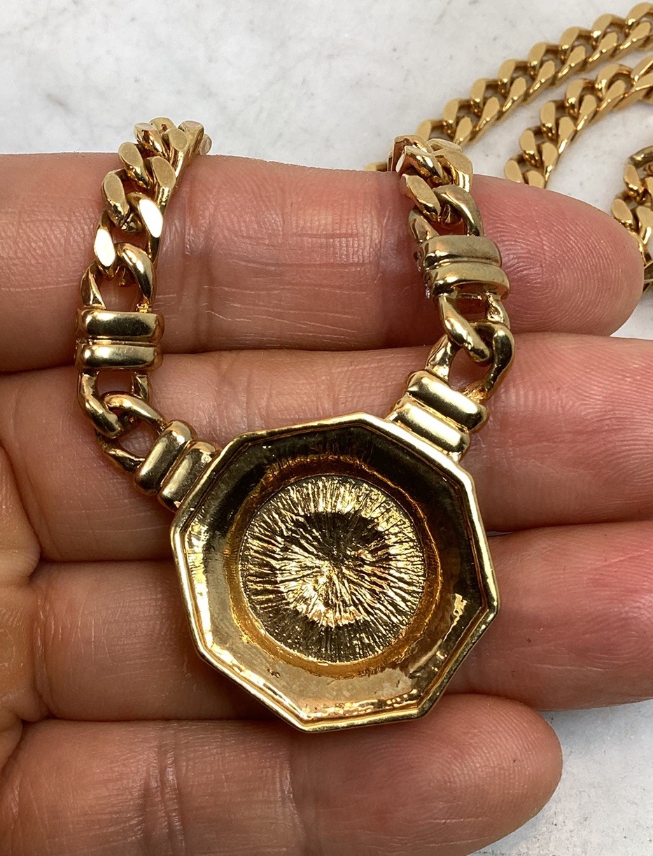 Vintage Gold Tone Roman Coin Rhinestone Pendant Curb Link Chain Necklace