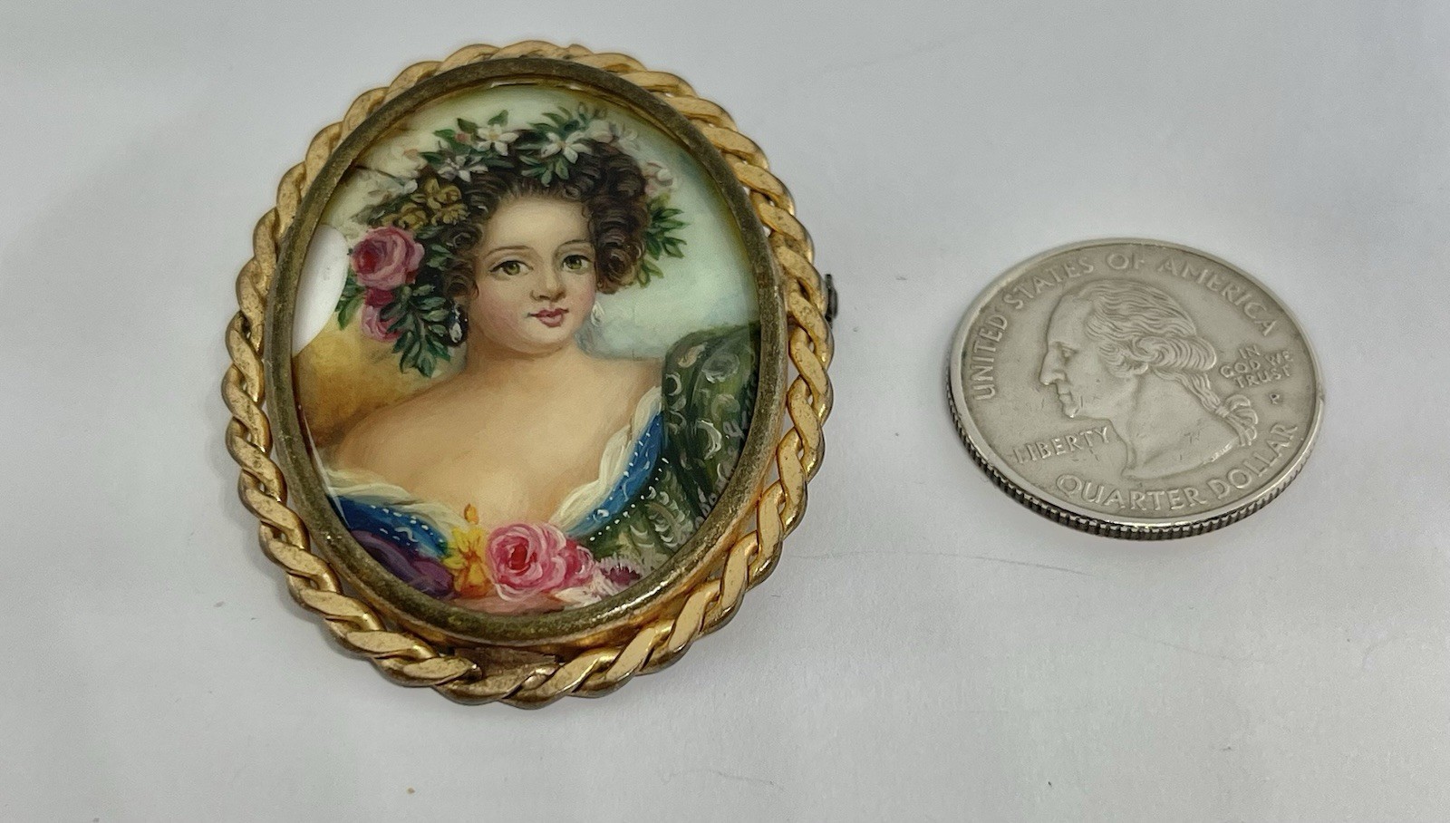 Vintage Gorgeous Hand Painted Lady Portrait on Mother of Pearl Signed Brooch