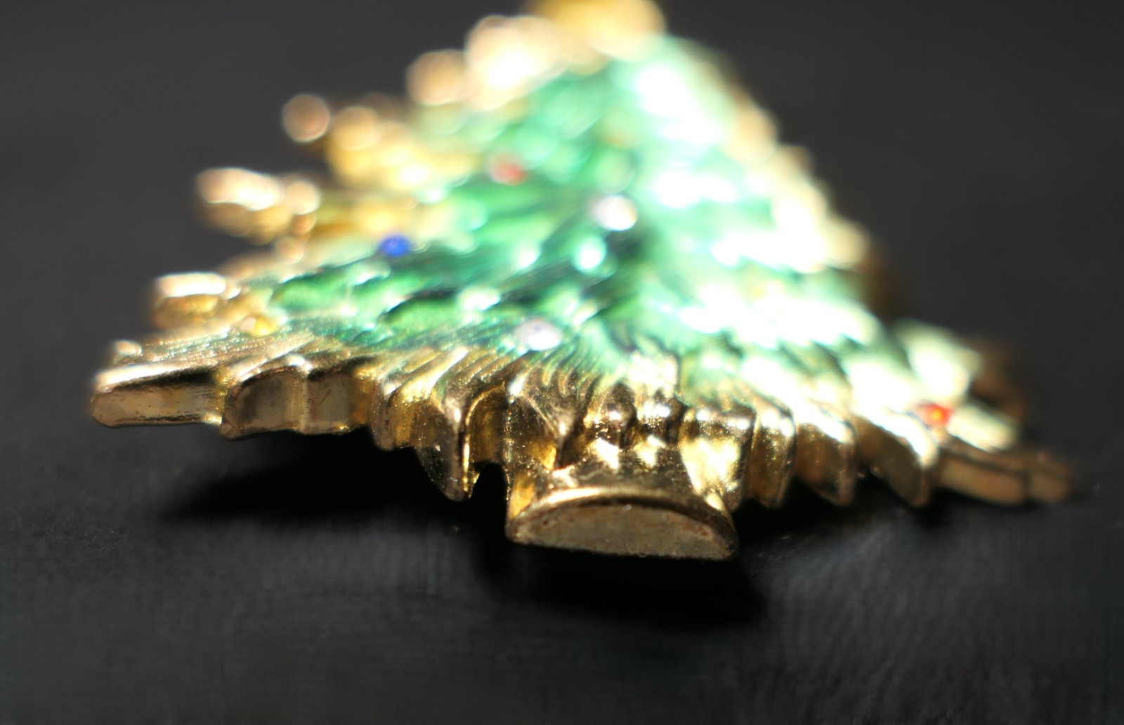 Vintage Gold Wash Christmas Tree Brooch Enamel Multi-Colored Rhinestones Signed