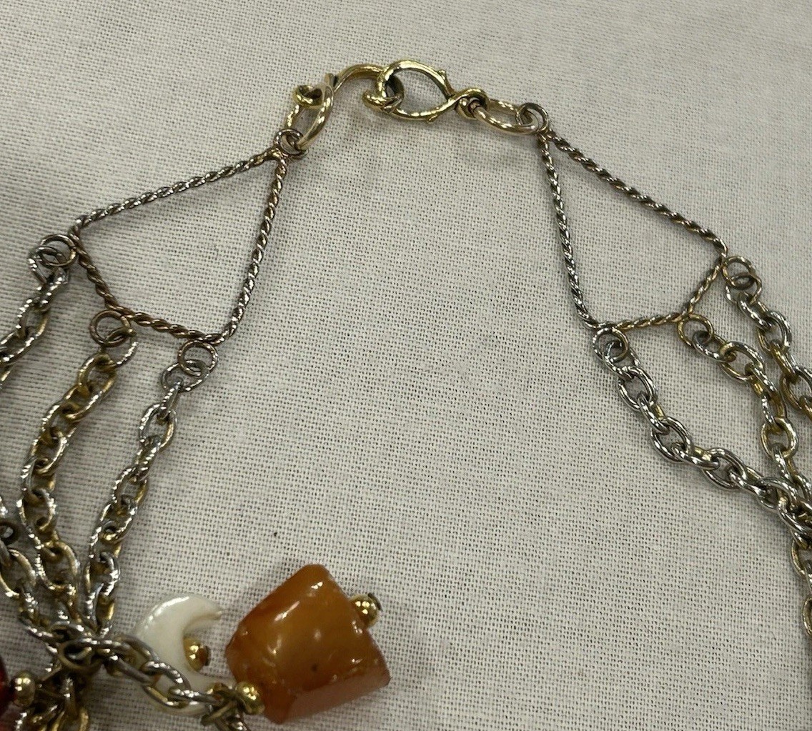 Vtg Asian-Themed Mixed Material 3-Strand Charm Necklace w/Carved Wood Buddha 28”