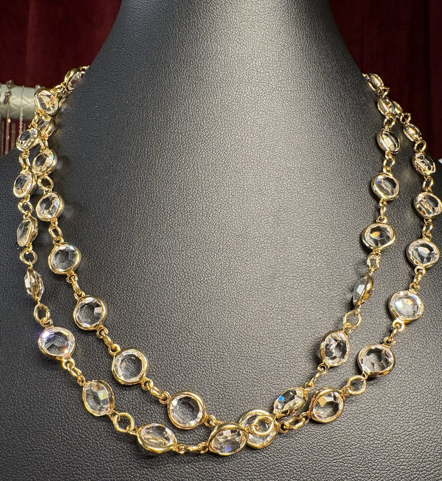 VTG Austrian Crystal USA 1980 Large Bezel Set Clear GT Necklace 34”