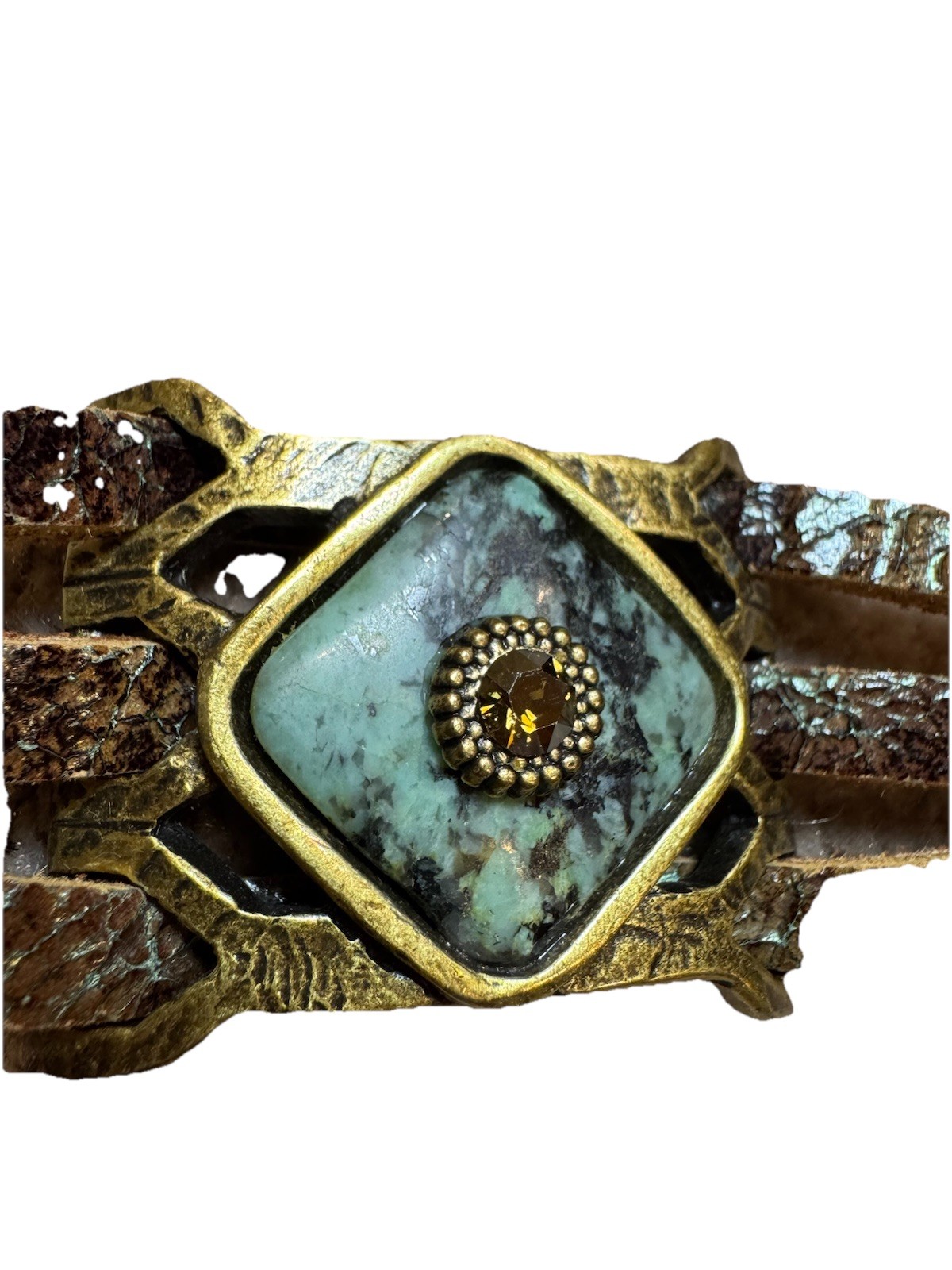 Bracelet LeatherRock Textured Band Turquoise Stone Rhinestone Brass Accents M&W.