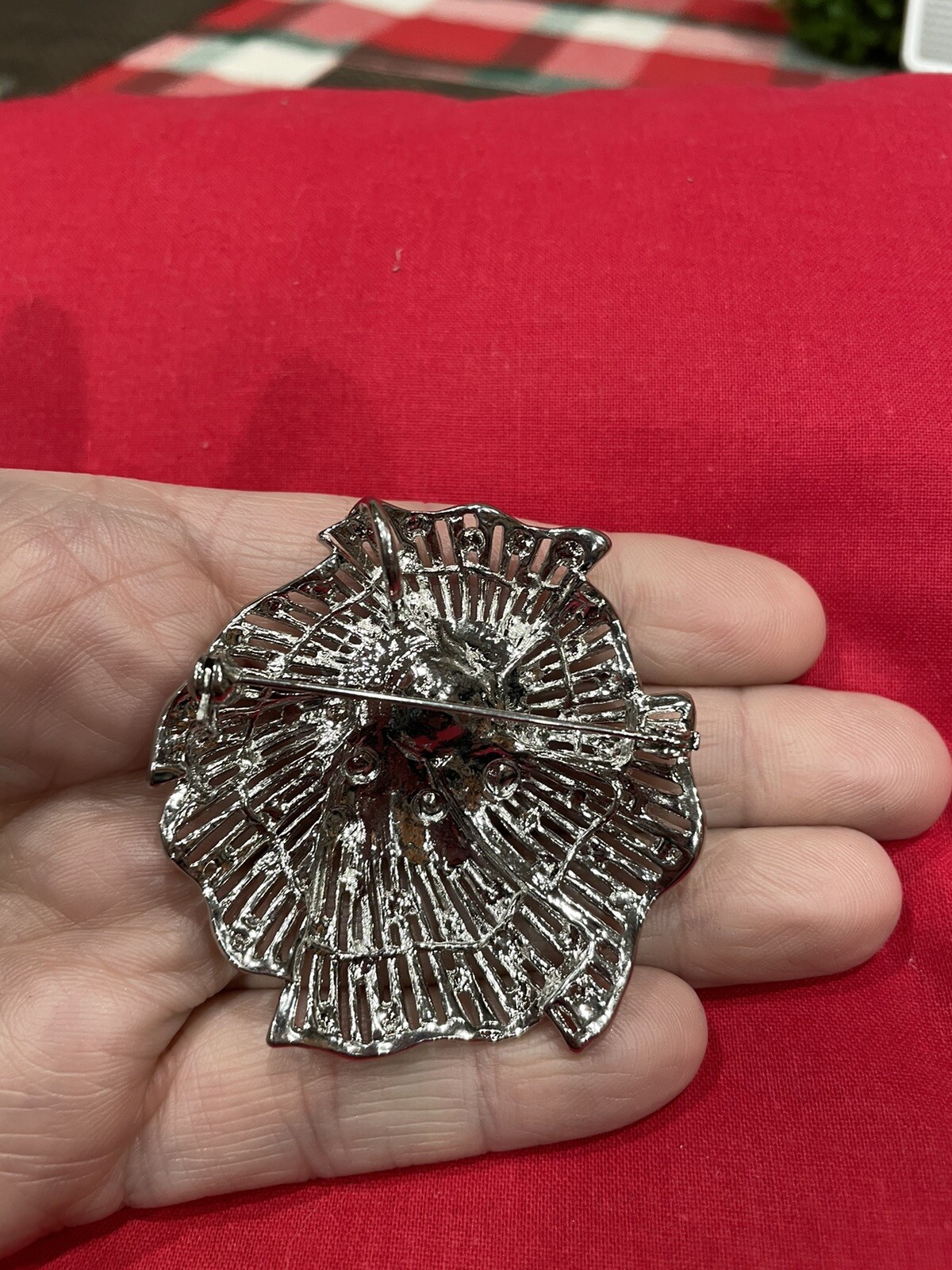 Vintage Silver Tone Poppy Flower w Ab Rhinestones Faux Pearl Brooch Pin Pendant