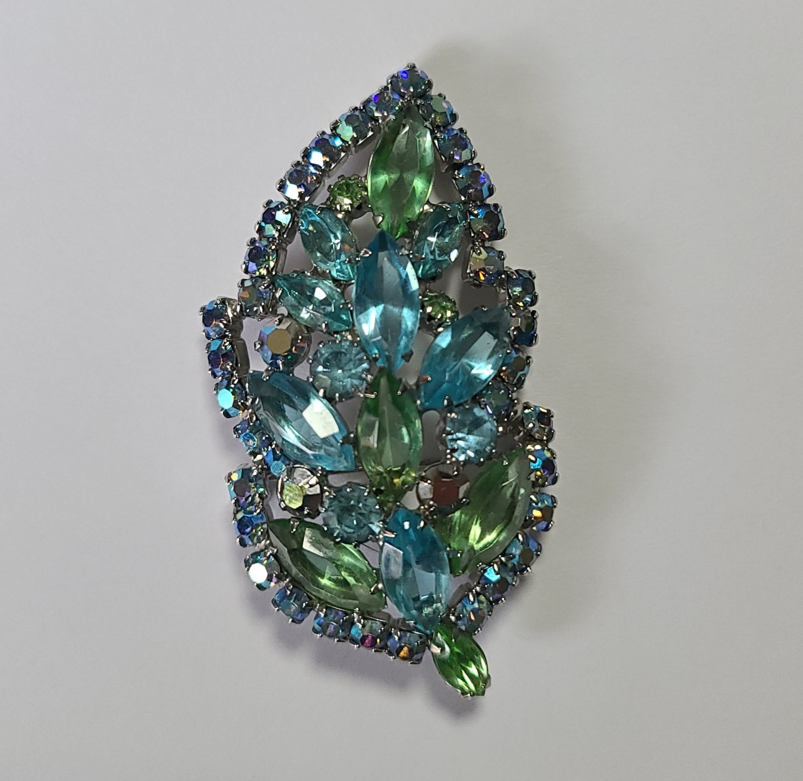 VTG MCM Aque Blue & Lime Green Rhinestone Leaf Brooch Pin (Some AB Finish)